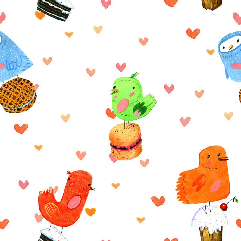 鸟儿和蛋糕汉堡水彩画