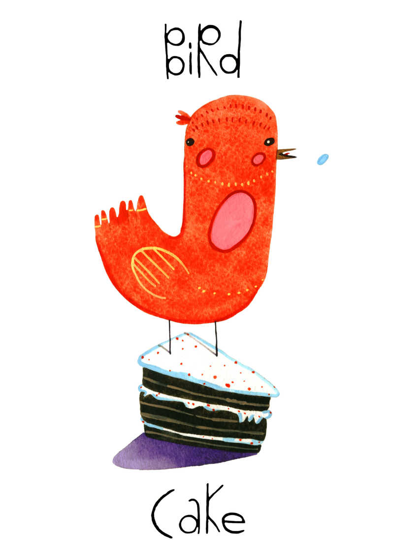 站在蛋糕上的橙色小鸟水彩