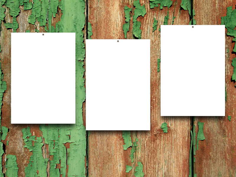 三个钉在绿色和棕色划痕木板背景上的空白框架