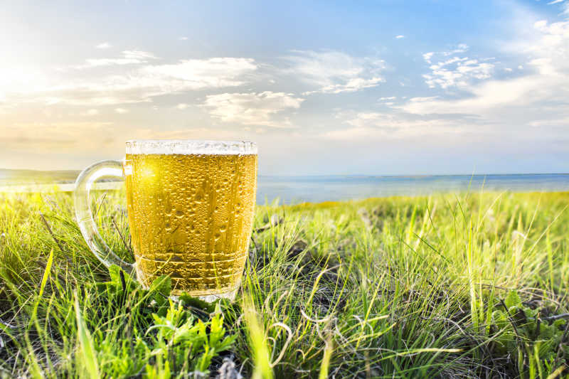 夏日日落的美景背景下的一杯冷啤酒