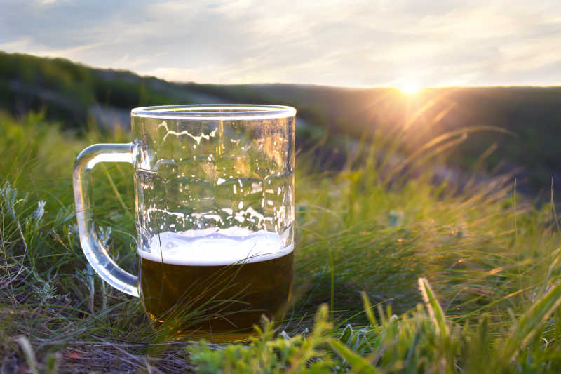 一杯冷啤酒在日落的草地上