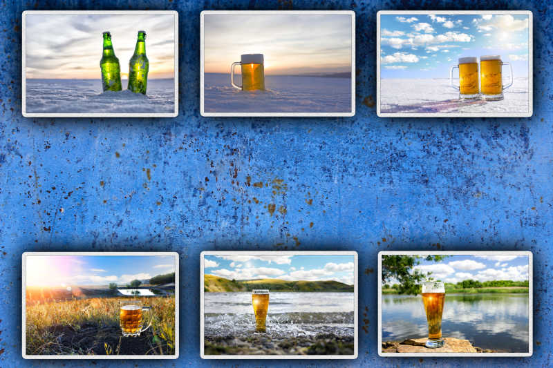 自然风景下的冷啤酒广告背景墙
