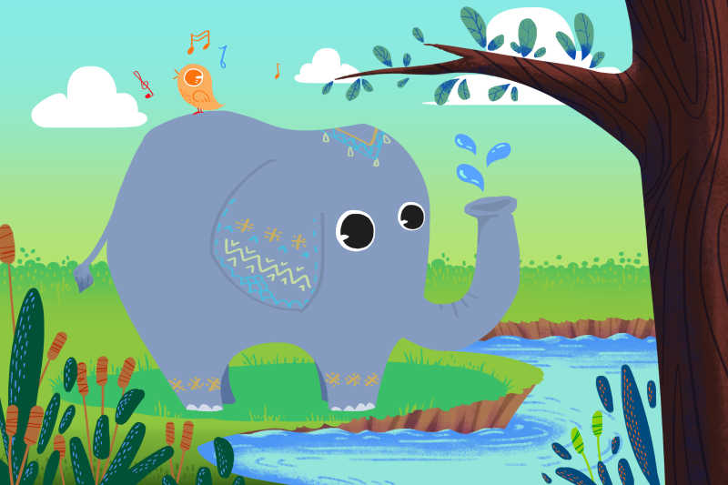灰色的大象在河边喷水