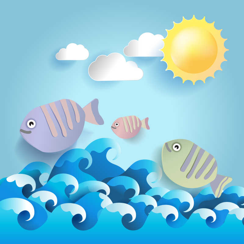 夏日跃出海面的鱼群插画