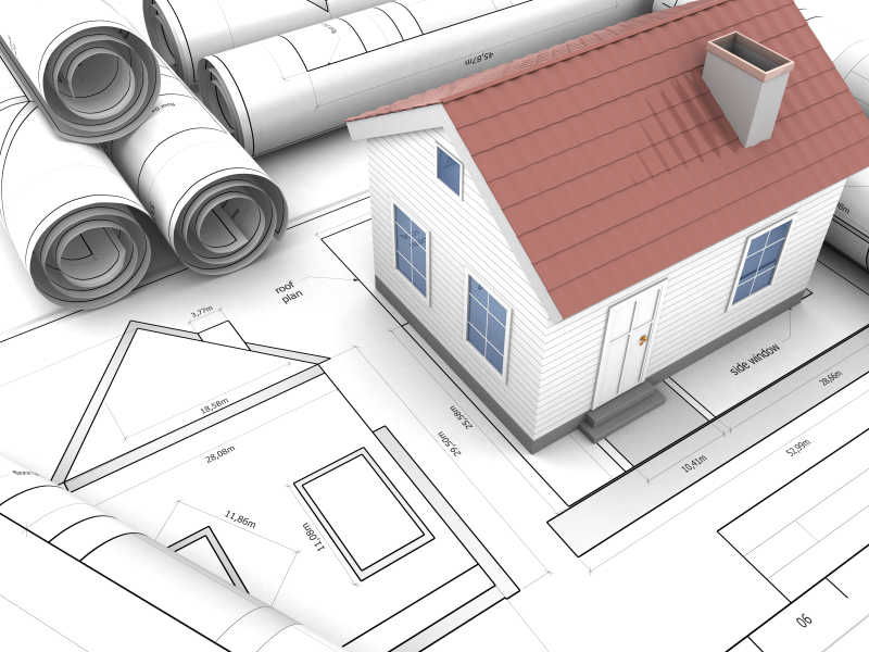 家庭住宅模型与蓝图的立体模型