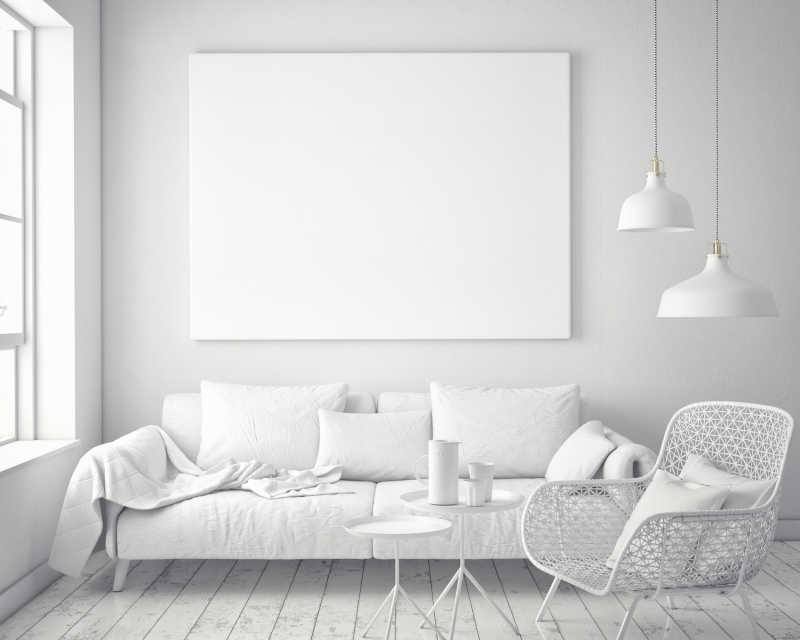 纯白色的客厅和空白画布