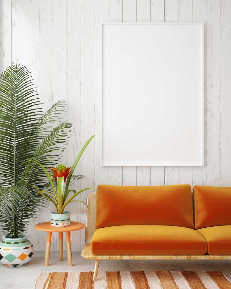 好看的橘色室内沙发和白色空白画布