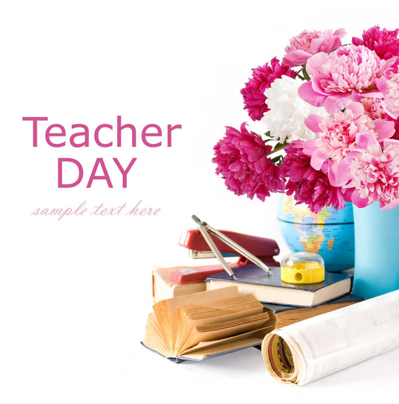 铺满了文具和花的教师节卡片背景