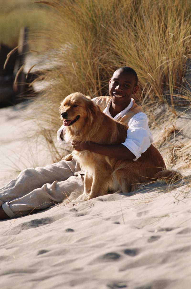 海滩上一起度假的人与狗