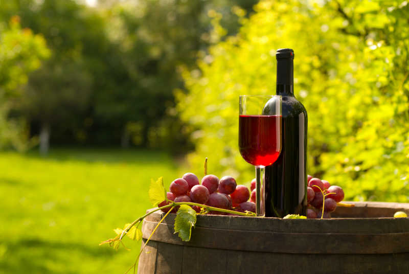 酒桶上的新鲜葡萄与葡萄酒