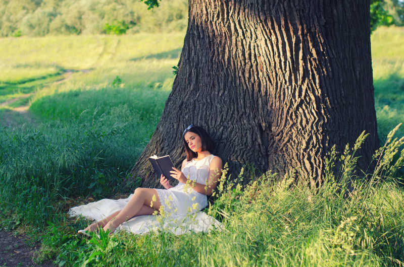 坐在大树下看书的女孩
