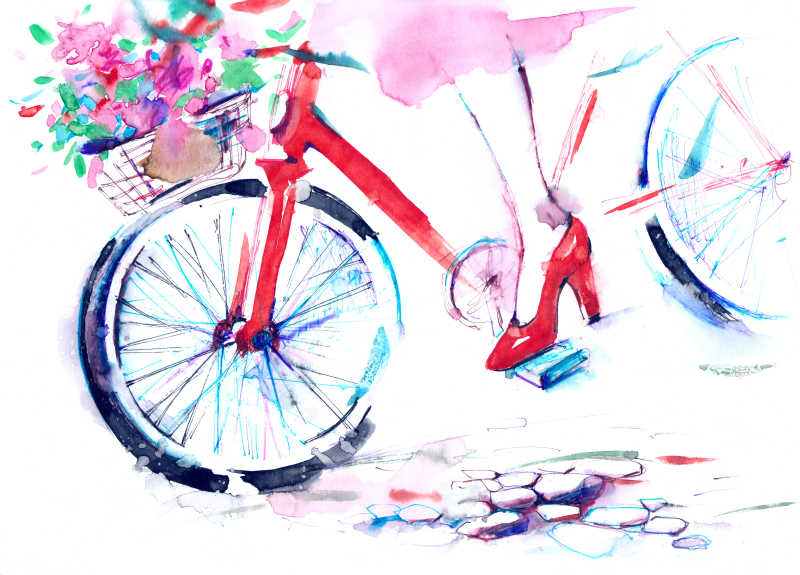 骑着自行车的美女水彩