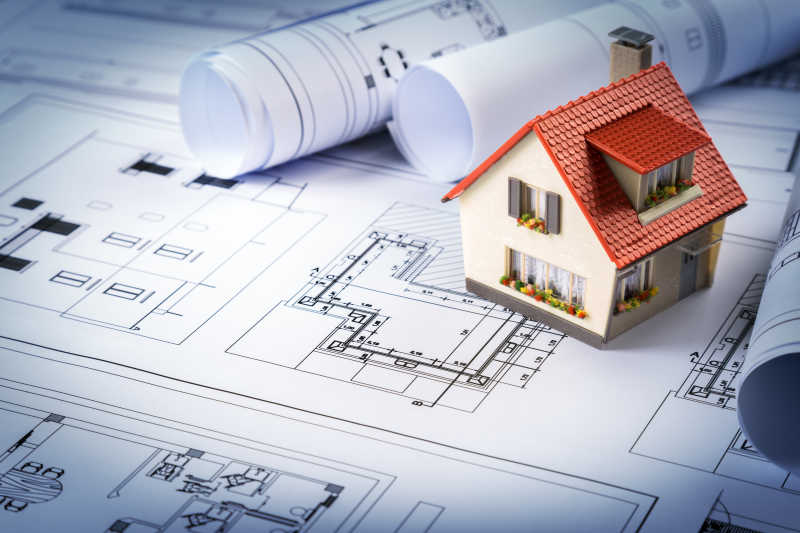 工程建筑设计蓝图上的房屋模型