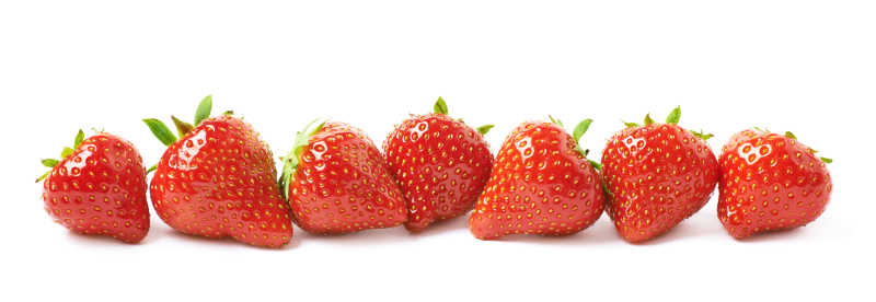 白色背景下的一排草莓