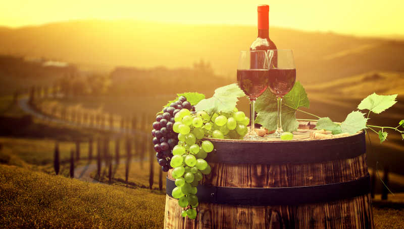 托斯卡纳绿色葡萄园背景前的葡萄酒桶和红葡萄酒