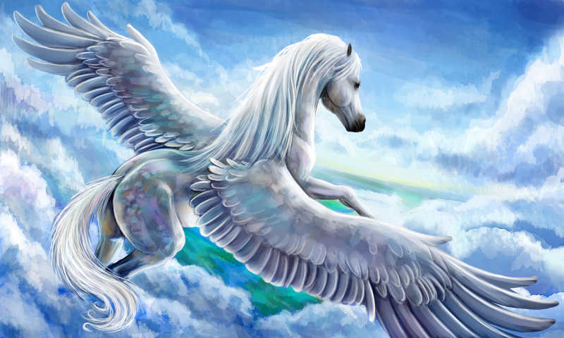 彩绘云中飞翔的白色骏马