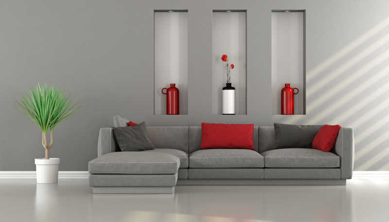 极简主义客厅与现代沙发和三个壁龛