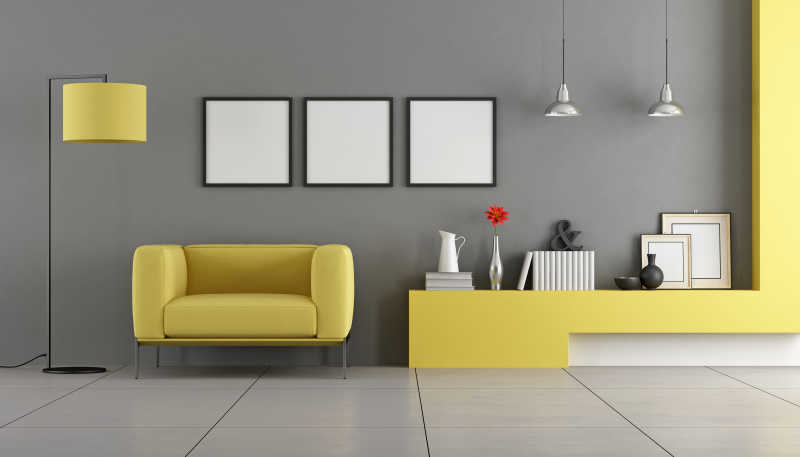 灰色和黄色当代客厅与扶手椅