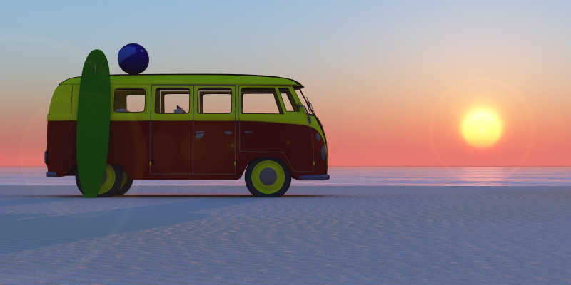 落日海滩上的小车