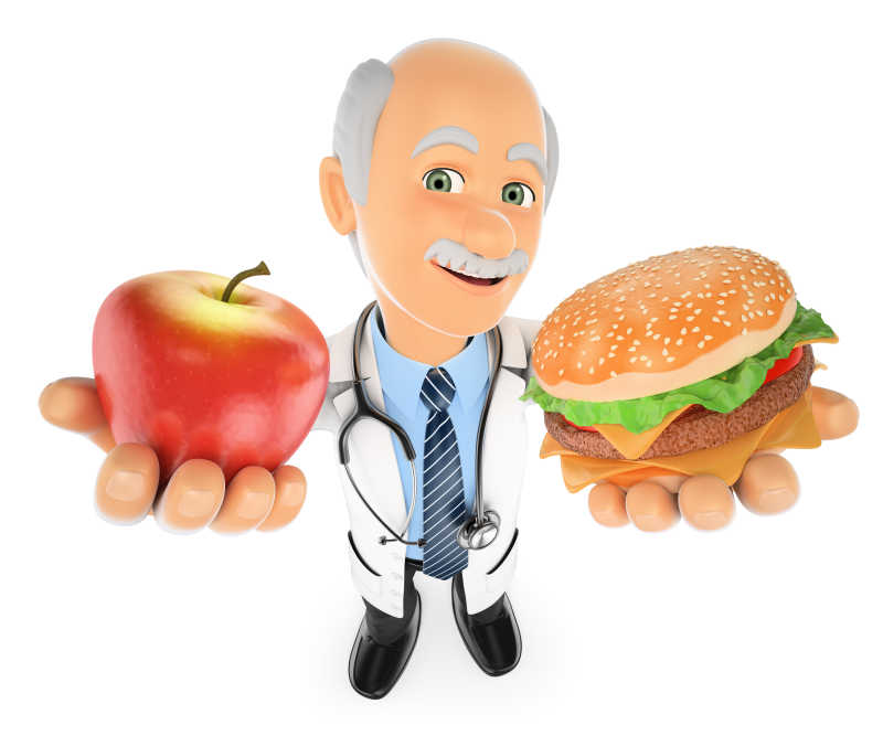 白色背景下在一个苹果和一个汉堡包之间选择的3D医生