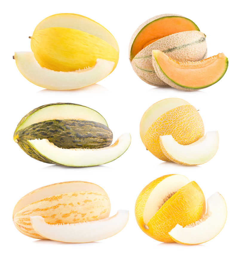 白色背景上的六种品种的甜瓜