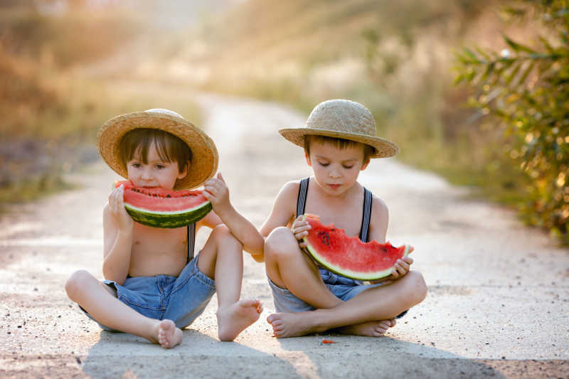 在乡村小道上吃西瓜的两个小男孩