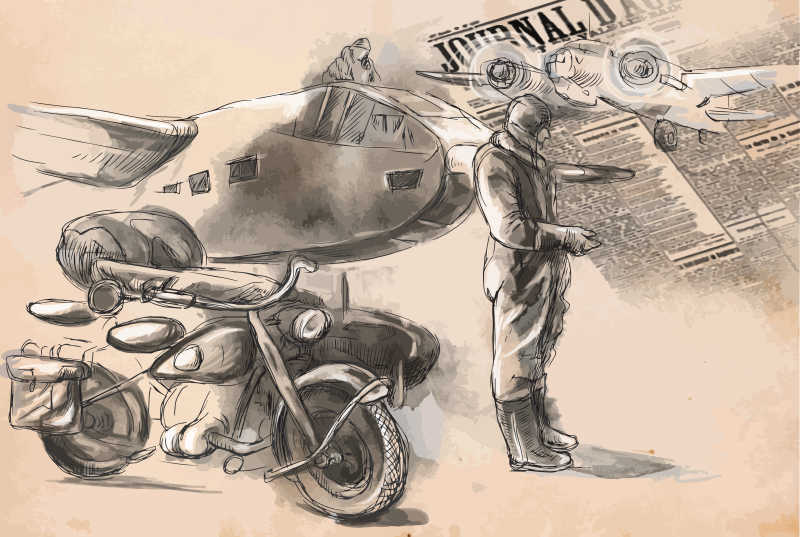 士兵站在飞机和摩托车前的手绘插图