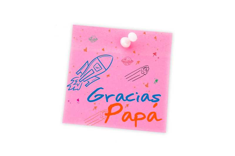 白色背景上印着火箭图案和英文单词的粉色便签纸