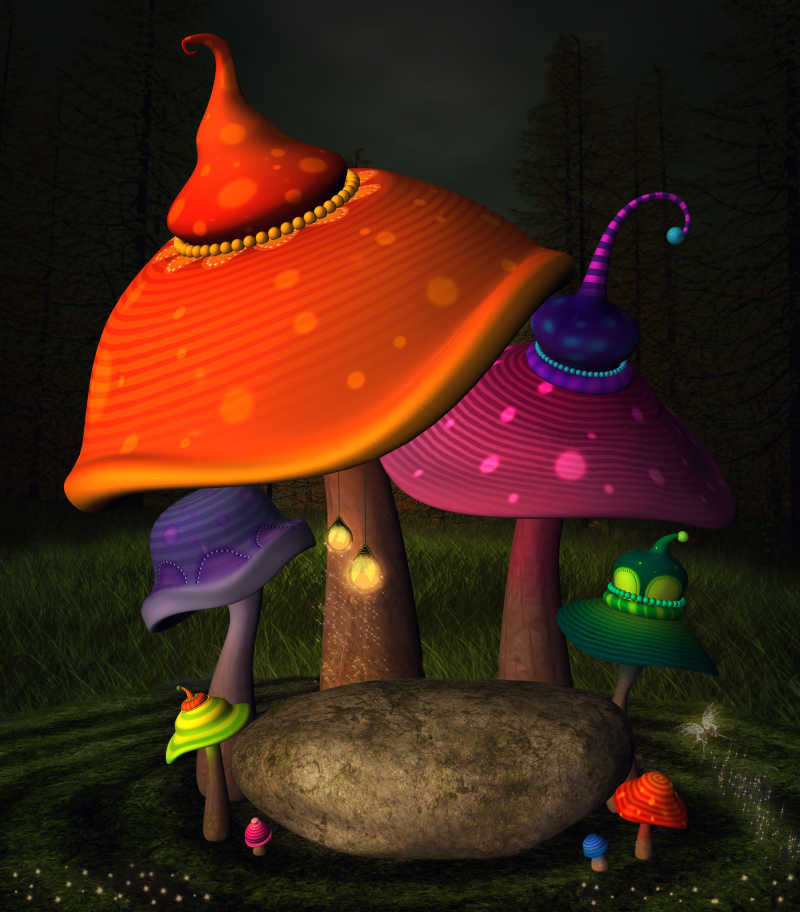 卡通背景下的仙境蘑菇
