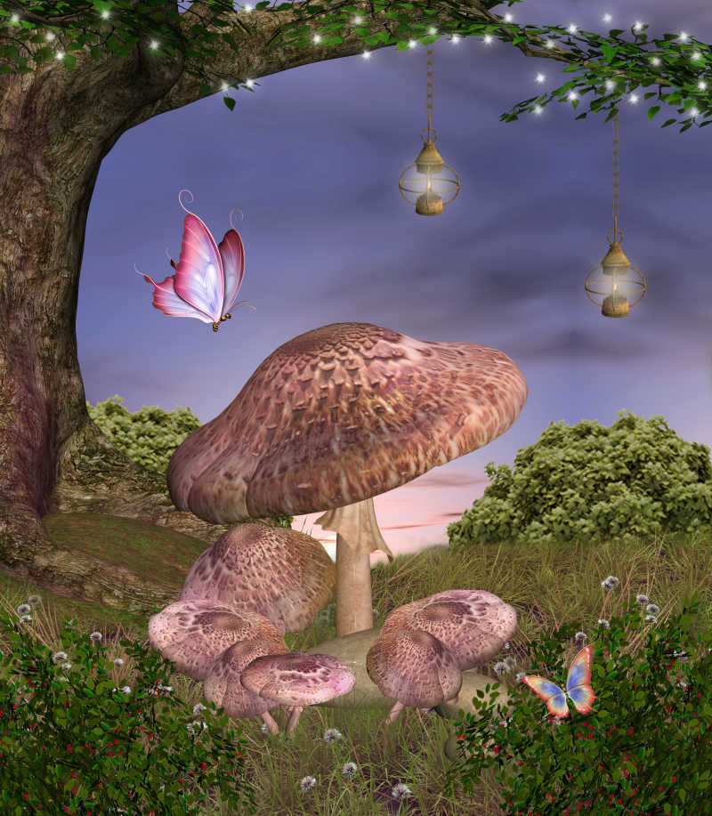 卡通树下的蝴蝶和大蘑菇