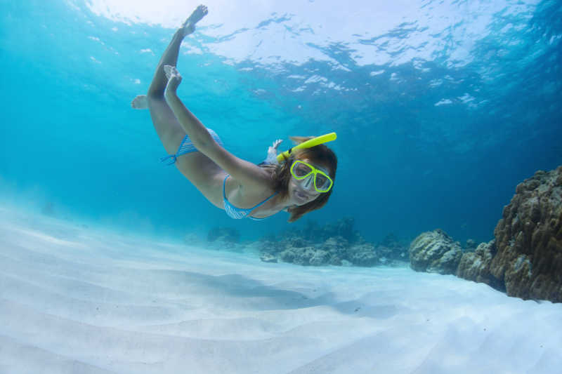 美丽的在热带海域自由潜水的女人