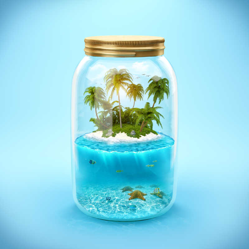 瓶中的热带岛屿和水下世界