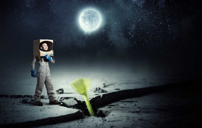 梦想探索太空的孩子和生长的叶子