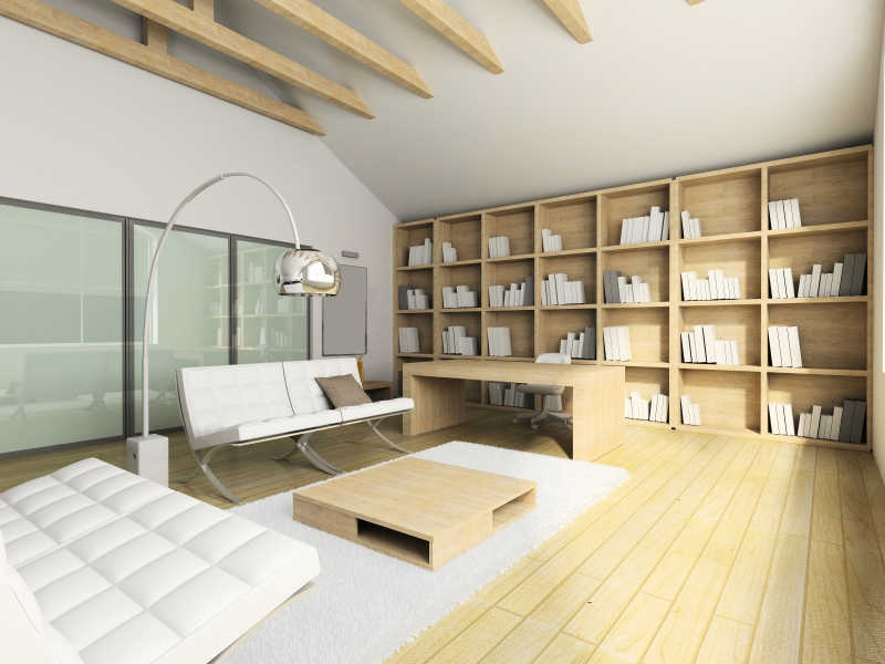 简约现代风格室内设计书房里的木纹理书架和书桌