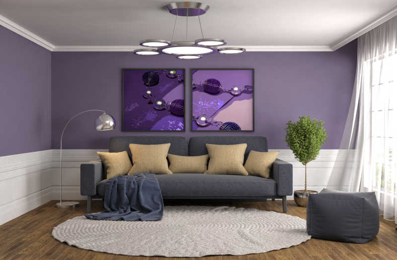 紫色灰色调的现代起居室设计
