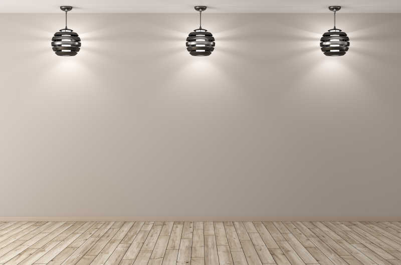 三盏吊灯下的白色木制地板空白房间