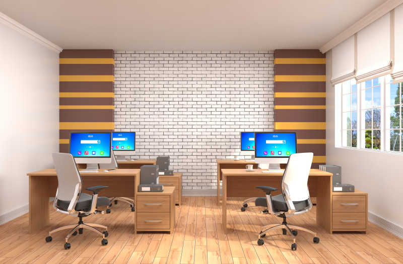 现代化条纹壁纸和砖墙的现代化办公室