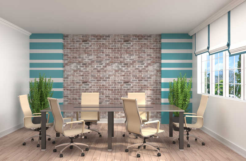 条纹背景和一面砖墙的小型会议室