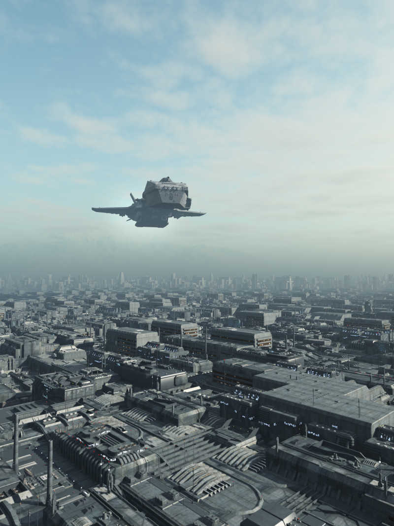 科幻未来城市中飞行的宇宙飞船