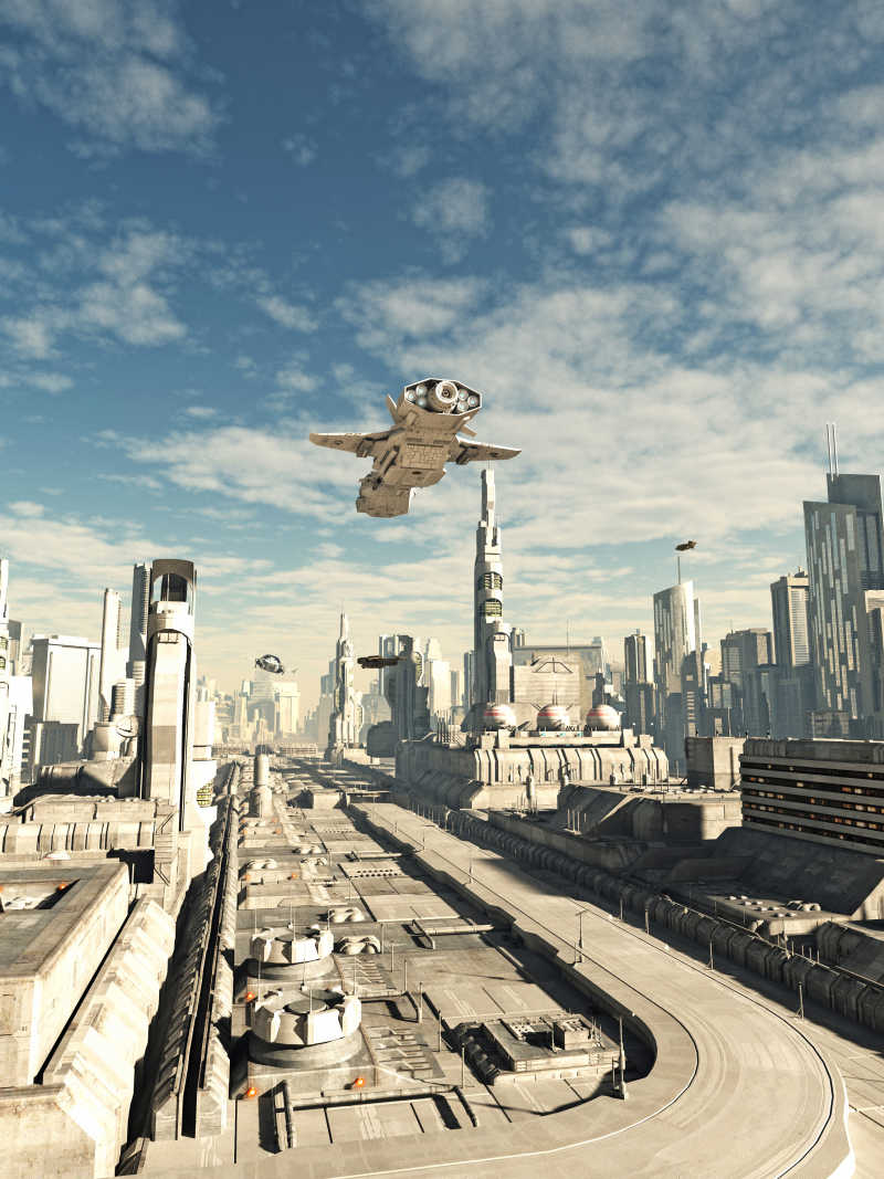 未来城市中着陆的星际飞船