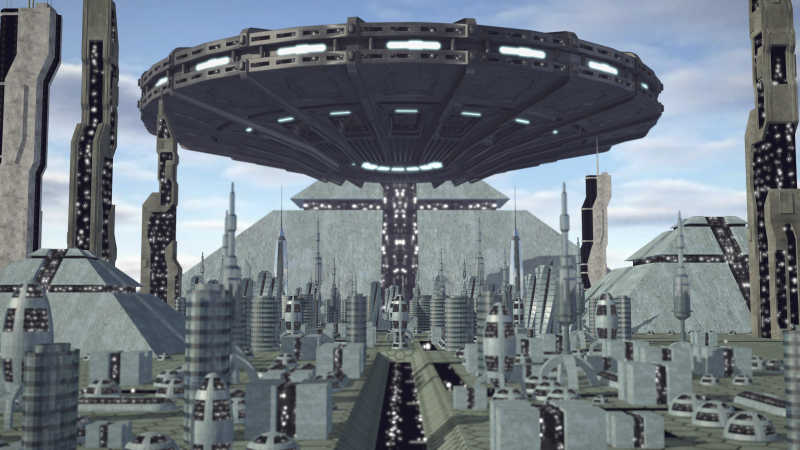 飞碟飞越未来的金字塔城市概念
