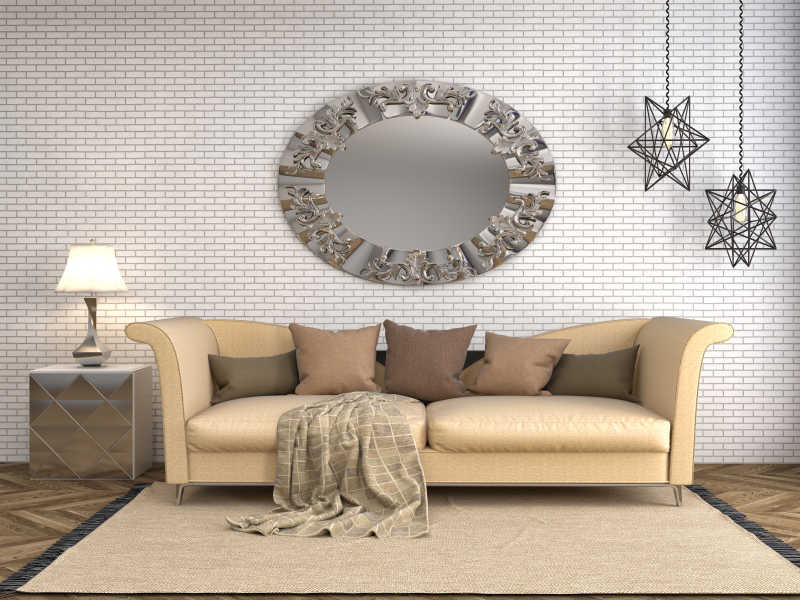 客厅沙发后砖墙上的圆形装饰和沙发旁的五角星吊灯