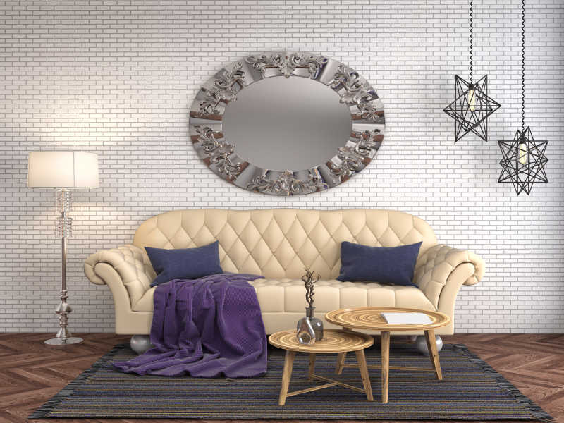 室内的皮质沙发木质茶几和砖墙上的圆形装饰以及五角星吊灯