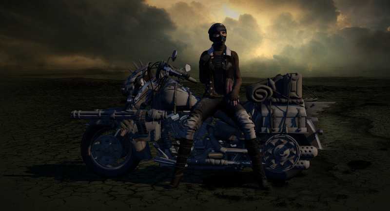 昏黄的背景下骑士和他的摩托车3D渲染素材