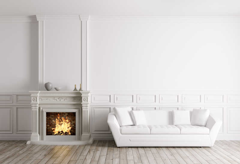 室内客厅的壁炉和白色沙发