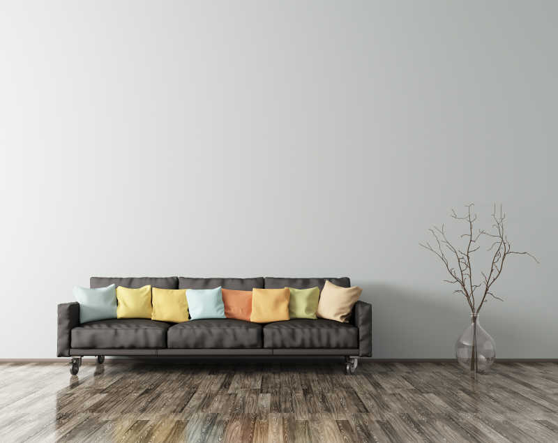 现代简约风格客厅设计和黑色沙发花瓶枝条
