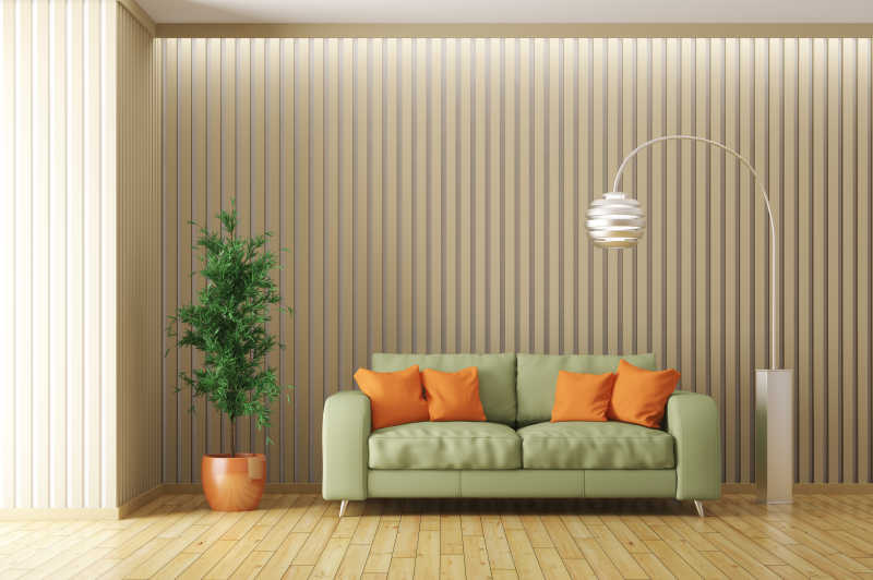 现代室内客厅绿色沙发落地灯和植物
