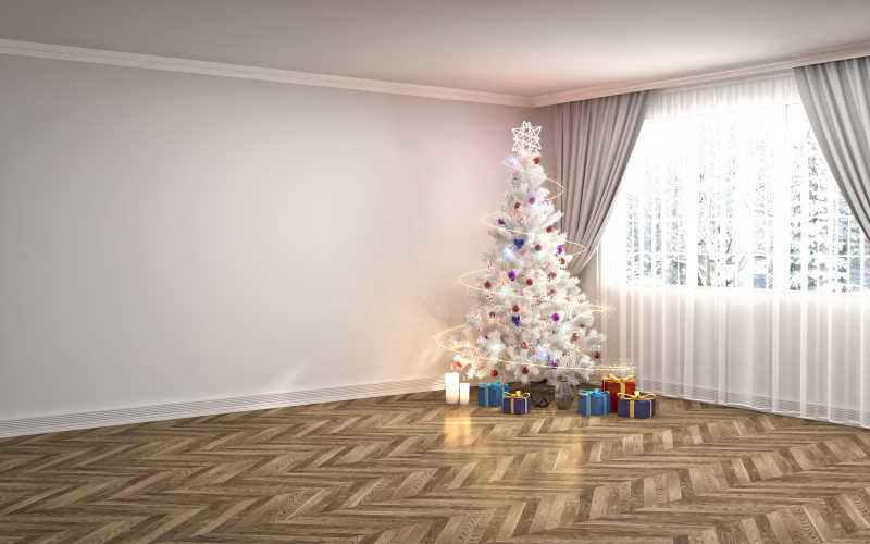 简洁客厅里的白色圣诞树