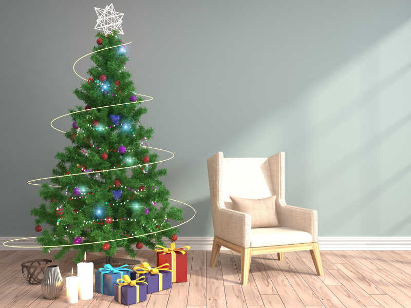 椅子旁边的圣诞树