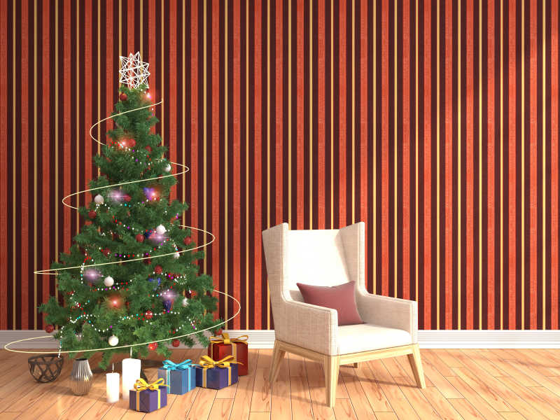 沙发椅旁边的圣诞树